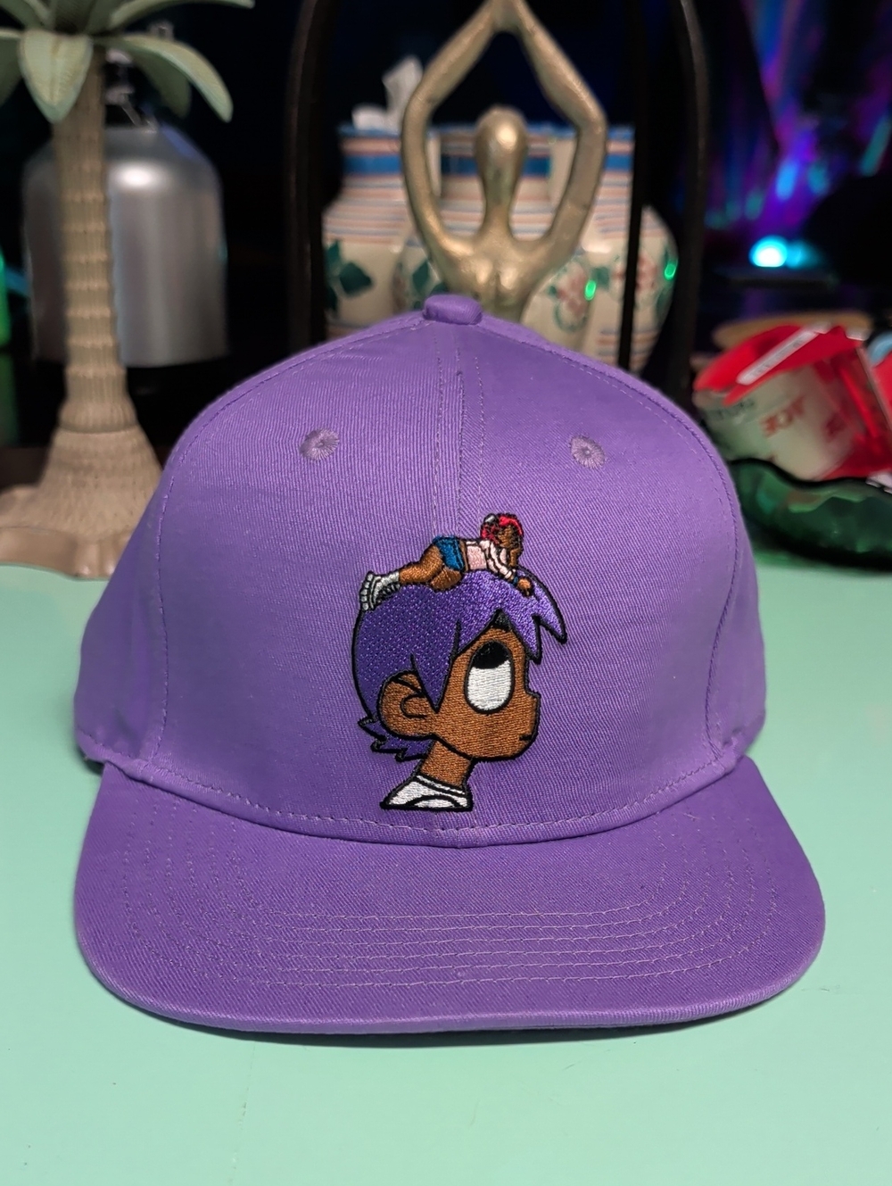 Purple Cartoon Profile Embroidered Snapback Hat